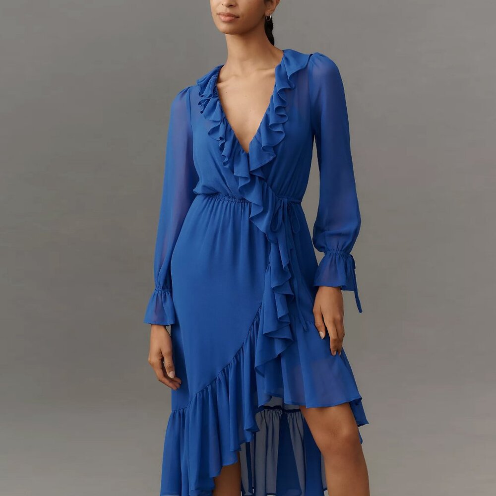 By Anthropologie Long-Sleeve Ruffled Asymmetric Midi Dress Blue Sz XS NWT
